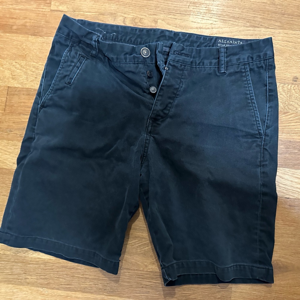 All Saints black shorts, 33W, button fly.